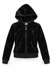 Juicy Couture Black Velour Full Zip Hoodie Womens Size S Rhinestone J Zip Pull