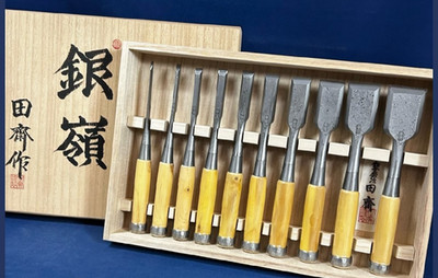 Tasai Japanese Bench Chisels Oire Nomi Blue Steel 10pcs Polished Damascus Finish
