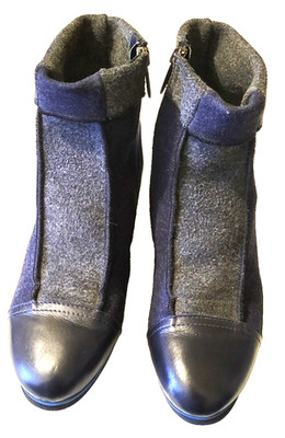 Thierry Rabotin Womens Wedge Boots EU37 Black Leather Blue Flannel Gray Wool