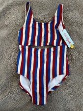 Cat  Jack Kids Medium 8 1 Piece Swimsuit Red Cream Blue Stripes