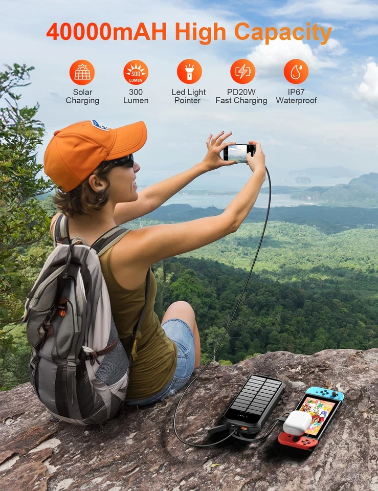 Carregador portátil Solar-Power-Bank-Charger, 40000mAh embutido 4 cabos com EUA... - Imagem 2 de 4