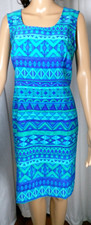 Sag Harbor Petite 12 Sheath Dress Sleeveless Geometric Aztec Blue Green Midi