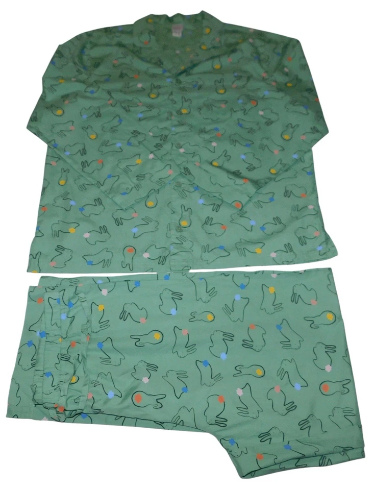 Hanna Andersson Poplin Pajama Set Adult Medium Cotton Tail Bunnies Green Pjs - Image 2 of 4