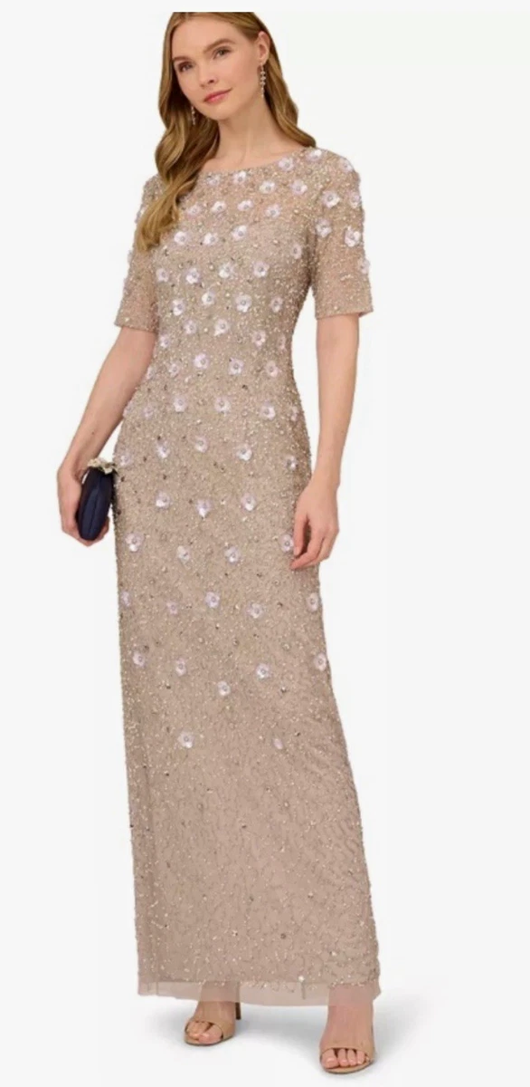Vestido Largo Adrianna Papell Floral Cuentas Lentejuelas Malla Cuello Barco Talla 6