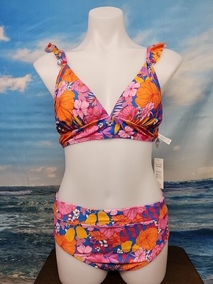 Cupshe Womens Two Piece Swimsuit Size Medium Blue- Pink Orange  Floral.. 