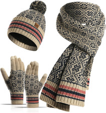 Winter Hat Scarf Gloves Set for Women Womens Knit Warm Hat Beanie Long Scarf Tou