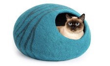 Meowfia Handmade Premium Felt Cat Cave Bed, Large, Teal Merino Wool