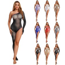 Womens See Through One Shoulder Gloved Sleeve Bodysuit Single Leg Bodystockings