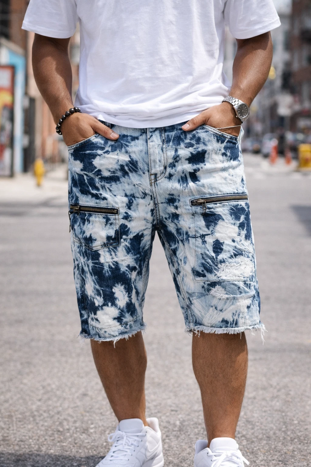 Men 44 Distressed Patchwork Denim Shorts Acid Wash Raw Hem Hip Hop Streetwear