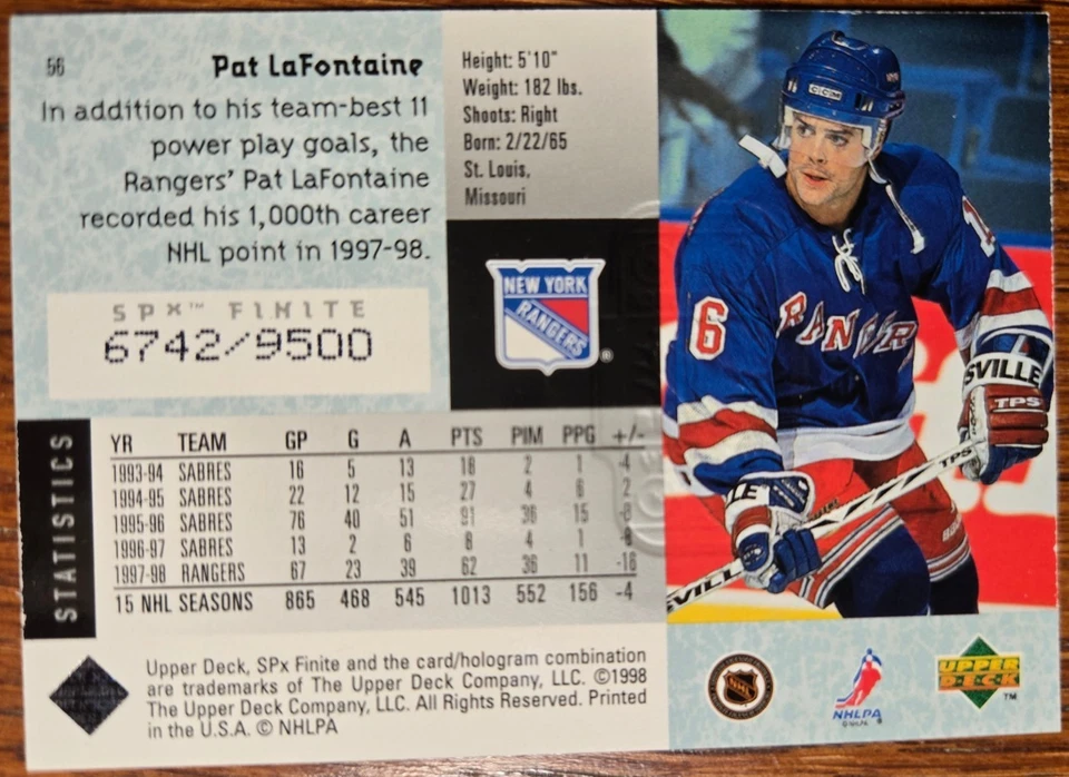 1998-99 Upper Deck SPx Finite Pat LaFontaine #56 #d/9500 New York Rangers Mint - Image 2 of 2
