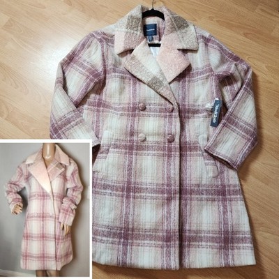 NWT Modcloth XL Wool Blend Pink Plaid Double Breasted Pea Coat 