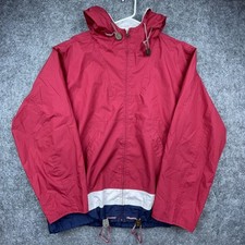 Vintage Merona Jacket Medium Red Windbreaker Mesh Lined Blue White Striped Hood