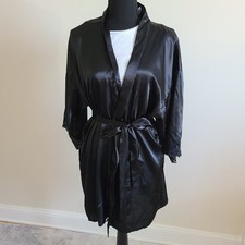 Frederick s of Hollywood Black Satin Robe with Lace Trim Women s Size Large