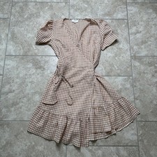 LOFT Wrap Dress Women’s Size 0P Gingham Puff Sleeve Lightweight Summer Chic Tan