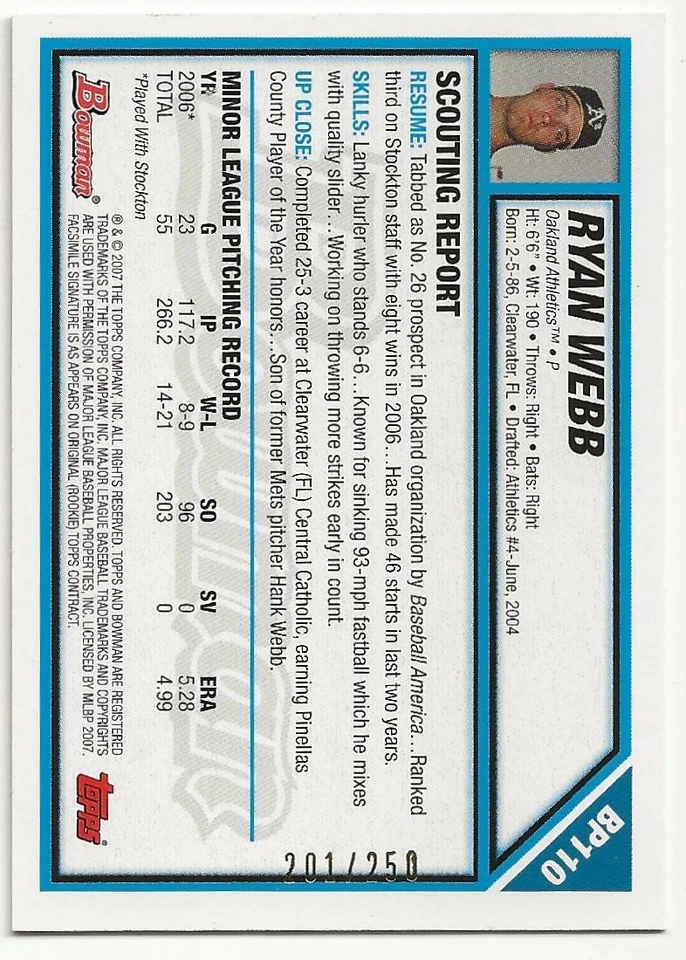 2007 1st Bowman Prospect Orange Ryan Webb /250 #BP110 - Image 2 of 2