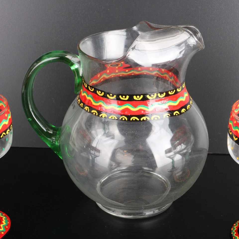 Jarra de vidrio mexicano Margarita diseño naranja rojo con 4 vasos Foto 2 de 4