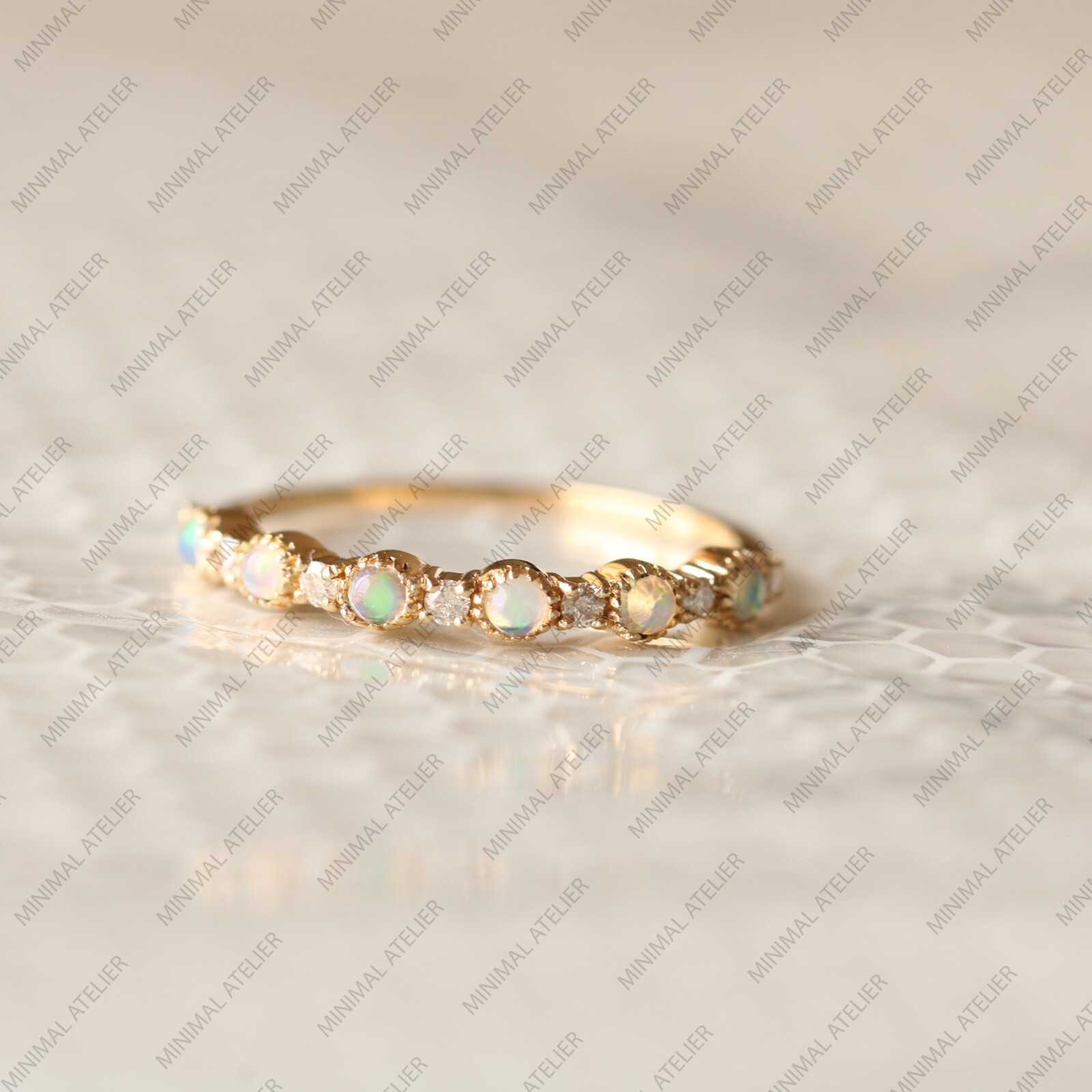 Opal Wedding Band Ring 14kYellow Gold Ring Lab-Created Moissanite Stackable Ring-image