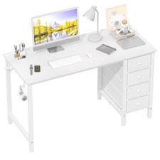 White Computer Desk with Fabric Drawers, 47 Inch Reversible Study Work Writin...