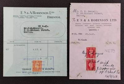 1938 E & S A Robinson Ltd Bristol Printers Stationery Receipt