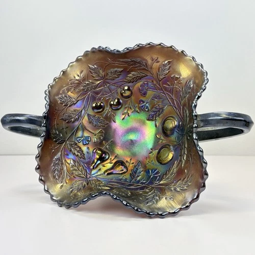 Vintage Carnival Glass Cherry & Cable Handled Pedestal Bon Bon Bowl