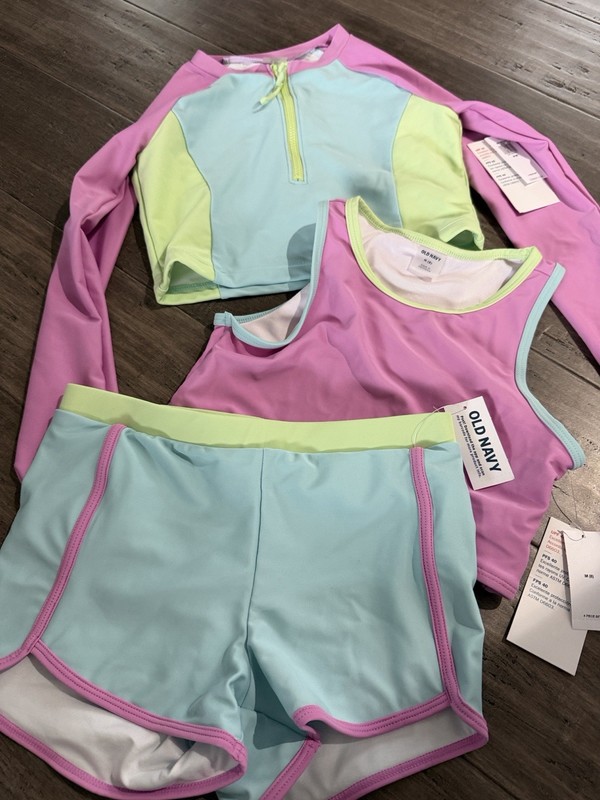 NWT Old Navy Girls 3 Piece Swimsuit Rash Guard Short M 8