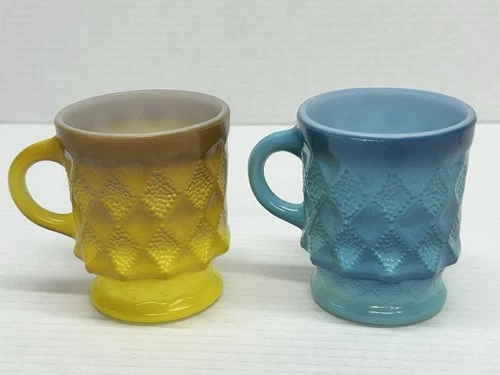 Set of 2 Anchor Hocking Fire King Kimberly Diamond Coffee Cup Mug Yellow Blue