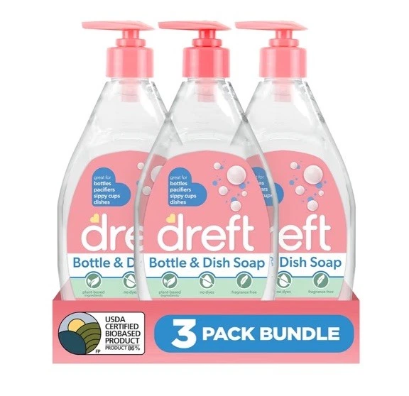 DREFT Bottle and Dish Soap | Plant Based, Fragrance Free | 18 Fl Oz (Pack of 3)