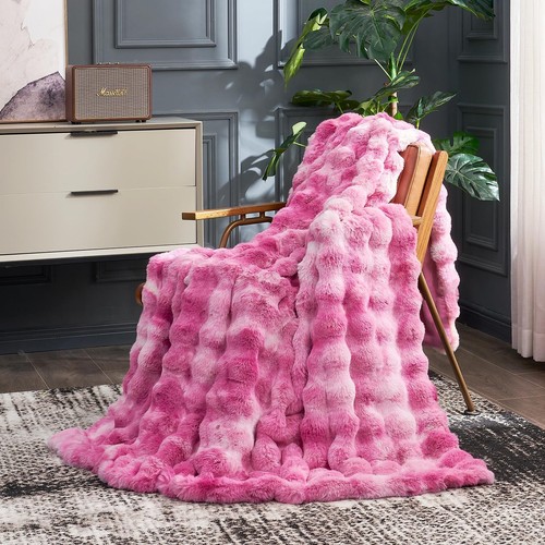 Cozy Bliss Faux Fur Throw Blanket for Couch, Fuzzy Soft Plush Thick Bubble Bl...
