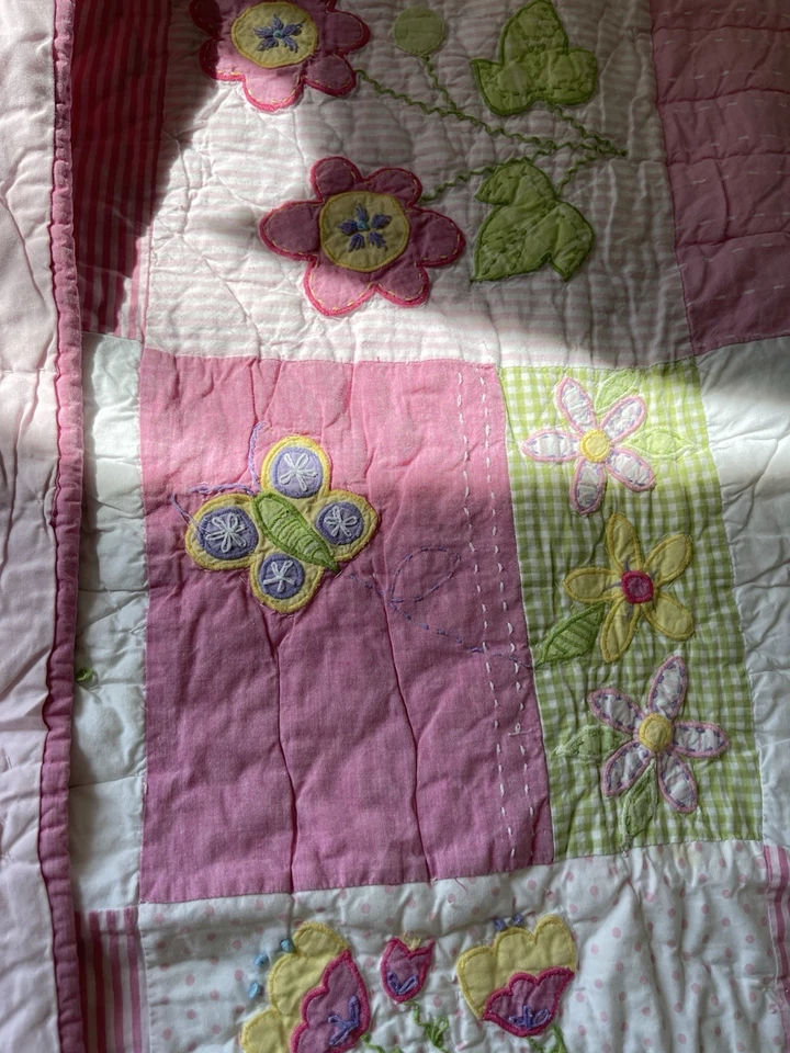 Pottery Barn Kids Baby Floral Patchwork Quilt Pink Green White - Image 3 of 4