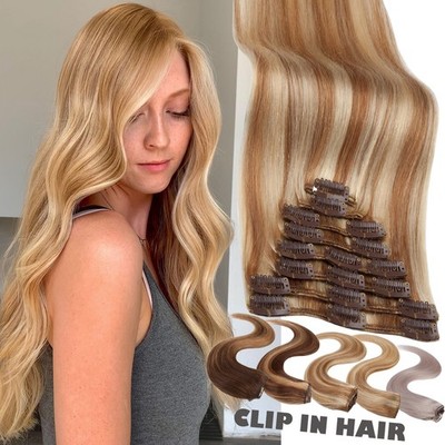 100% Natural Remy Clip in Hair Extensions 8 Full Head Real Human Hair GREY AAAA