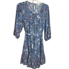 Beach Lunch Lounge Blue Floral Print Dress Tiered SIze L Tie Cottagecore Boho