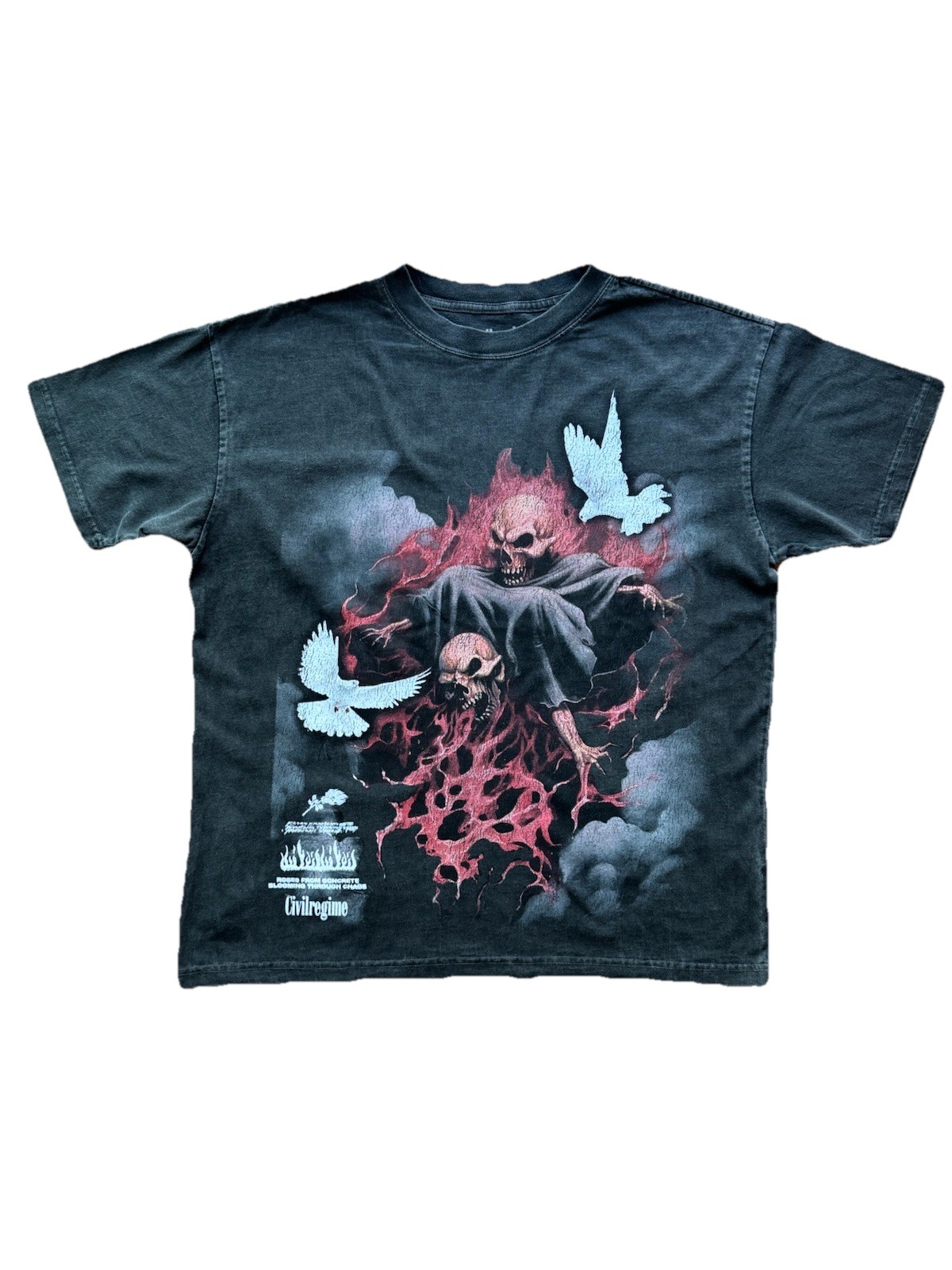 CIVIL REGIME SIZE LARGE SKULL FIRE DOVES GRAPHIC BLACK MEN'S T-SHIRT