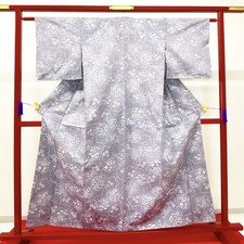 Japanese Kimono 'TSUMUGI' Silk/Light gray/Flower/History/Length:158cm N1051