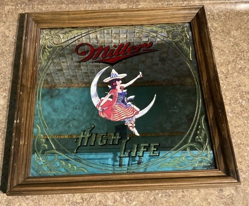 VTG Girl On The Moon Miller High Life 1984 Advertising Beer Mirror Wall Bar Sign