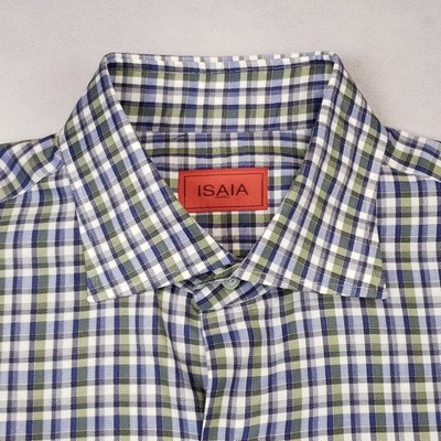Isaia Button Up Dress Shirt Mens Size 16.5 Large Slim Plaid Spread Collar Italy