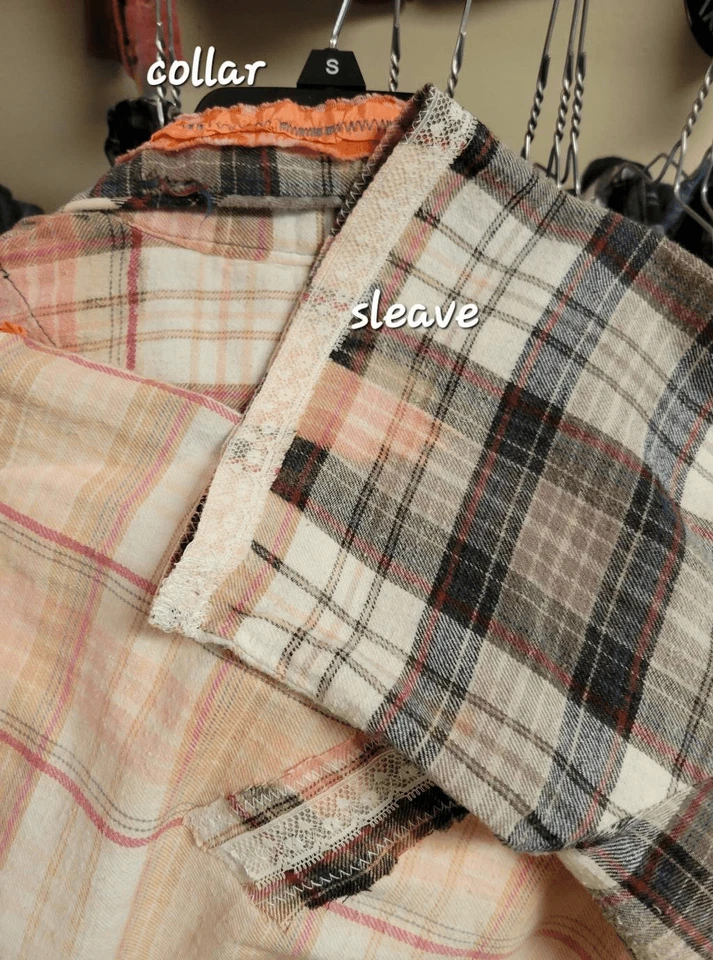 Flannel distressed shirt upcycled patchwork boho Hippie Reworked small repurpose - Image 2 of 4