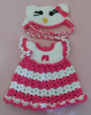 Doll Clothes Outfit, Crocheted Dress, Ht Pnk Kitty Dress & Hat Fits 14.5'' Doll