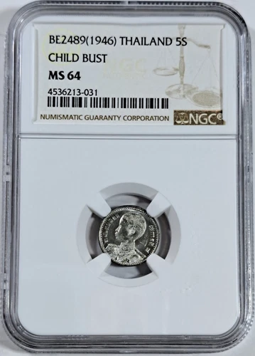 BE2489 (1946) Thailand Child Bust, Tin coin 5Satang (1/20 Baht), NGC MS64 Rare