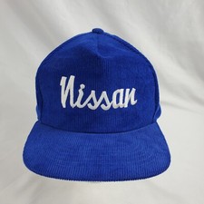 Vtg Nissan Corduroy Snapback Hat Script Stitched Trucker Blue Rare Yupoong 80s