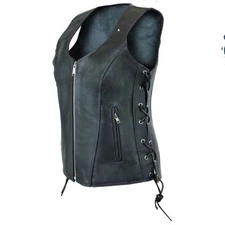 ladies womens Premium soft leather biker motorcycle vest black concealed carry 