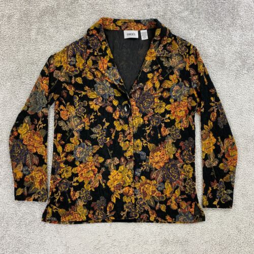 Chicos Travelers Womens Jacket Large Black Yellow Floral Blazer Acetate Blend - Picture 1 of 8