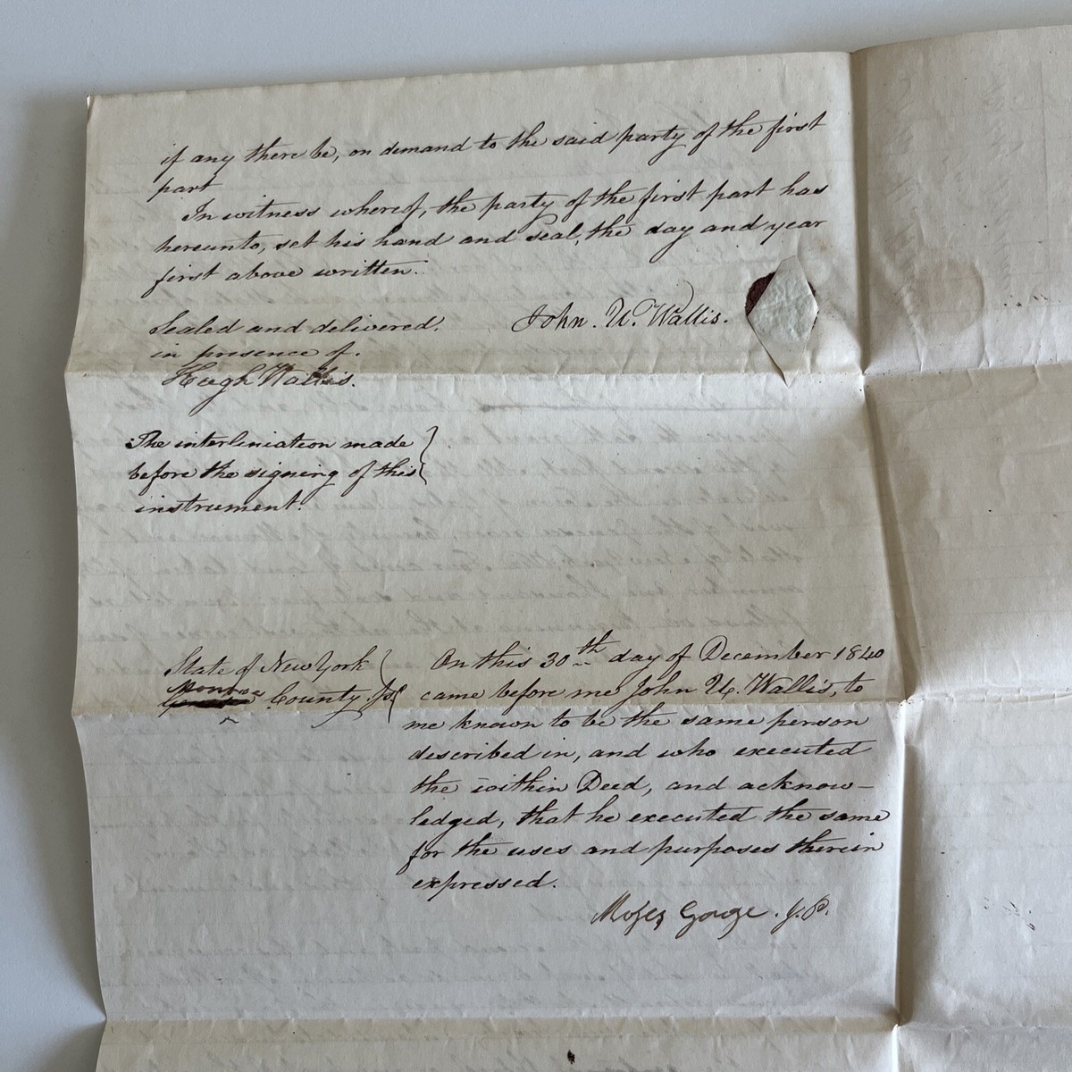 1840 Wonderful Indenture Gates NY Wallis Family