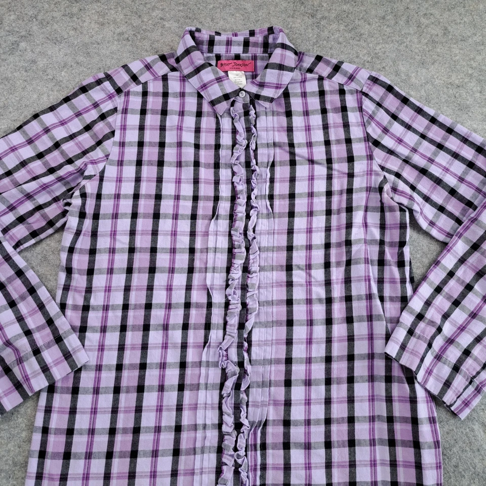 Camisa feminina Betsey Johnson íntima xadrez roxa algodão flanela noite dormir - Imagem 3 de 4