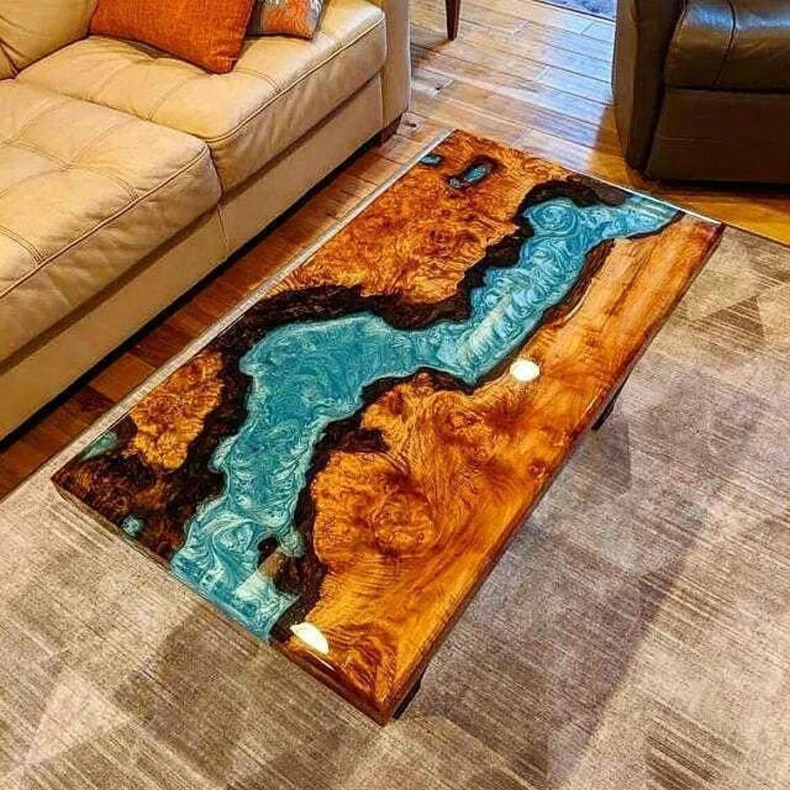 Sofá central de resina epoxi azul hecho a medida mesa de comedor mesas de losa de cocina