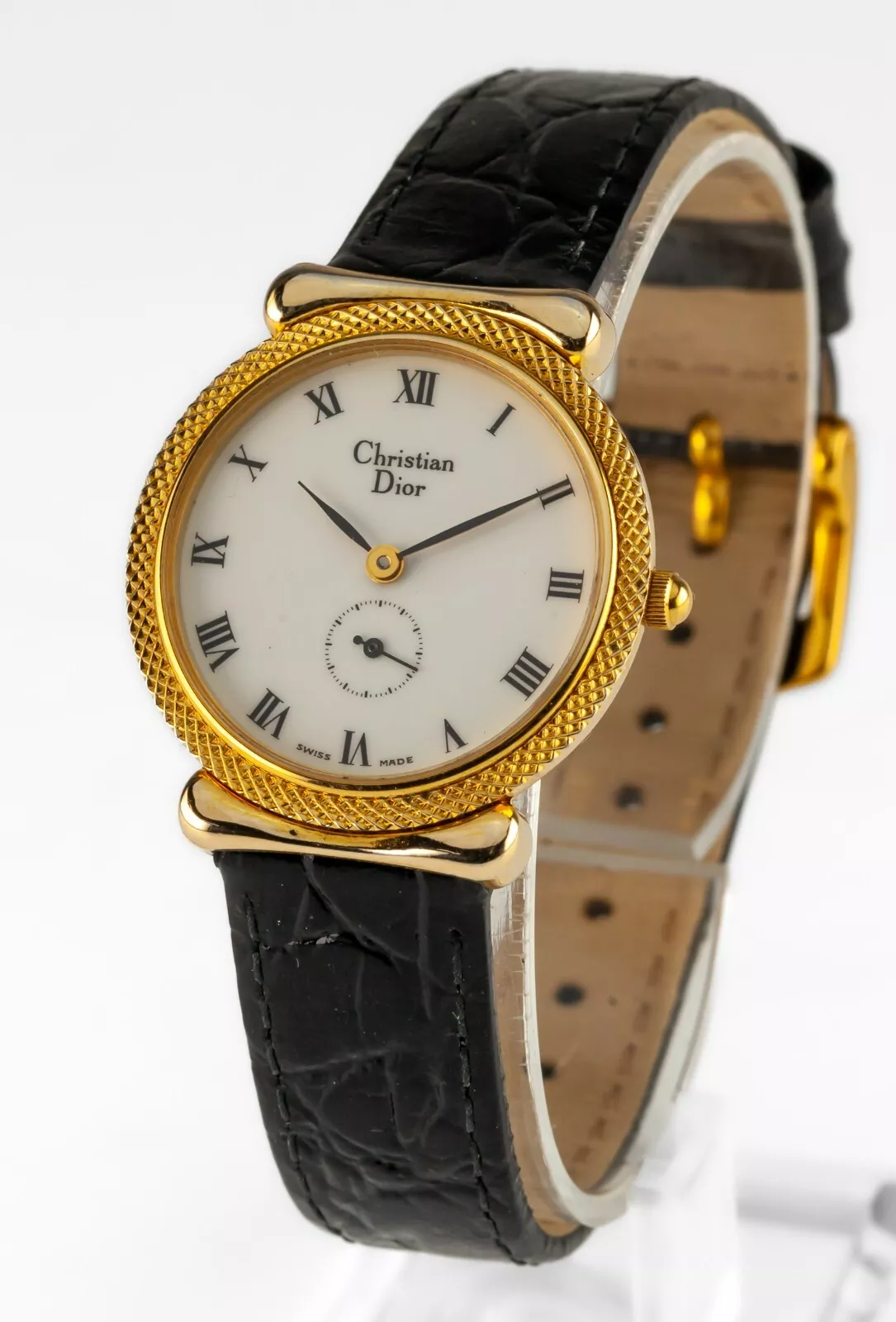 Montre à quartz femme Christian Dior plaqué or avec bracelet cuir noir