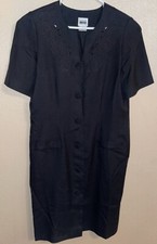 Leslie Fay 14 Black Short Slv Button Front Dress Embroidered Cutouts Made In USA
