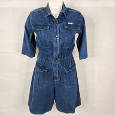 VTG Dreams Blue Denim Cargo Utility Romper Short Jumpsuit Sz Medium