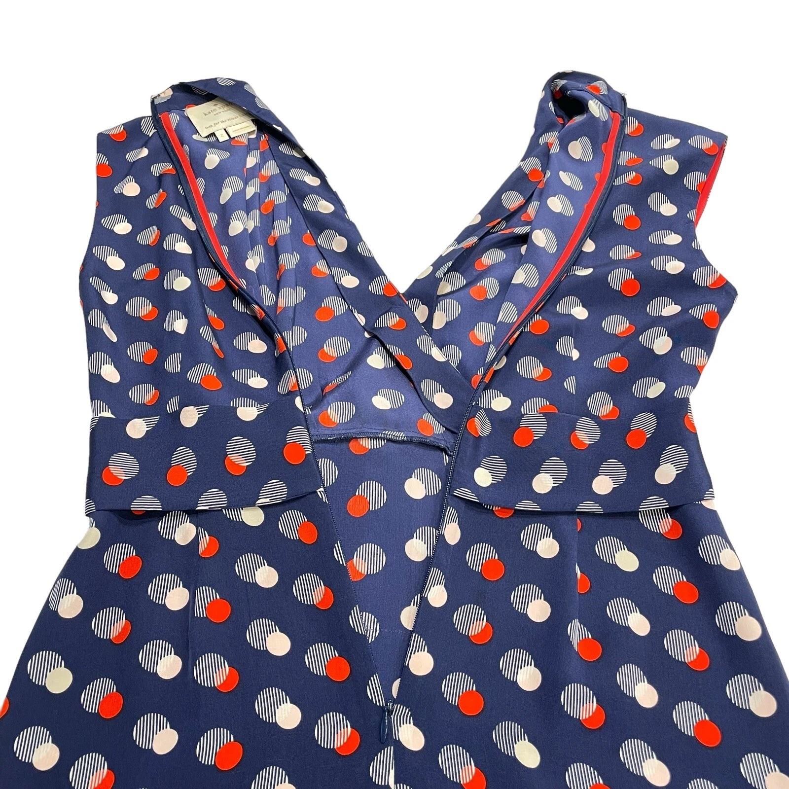 Abito blu seta Kate Spade New York con pois rossi e bianchi con fiocco taglia 2