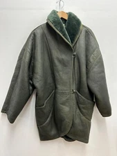 Patmos VTG Collared Shearling Leather Coat Parka Jacket Button Green sz M