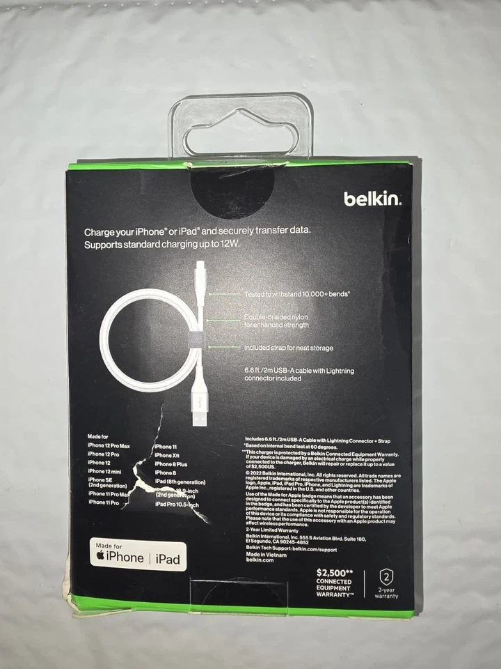 Cable trenzado USB-A a Lightng Belkin Boost Charge blanco sin usar 6,6 pies/2 M Foto 2 de 2